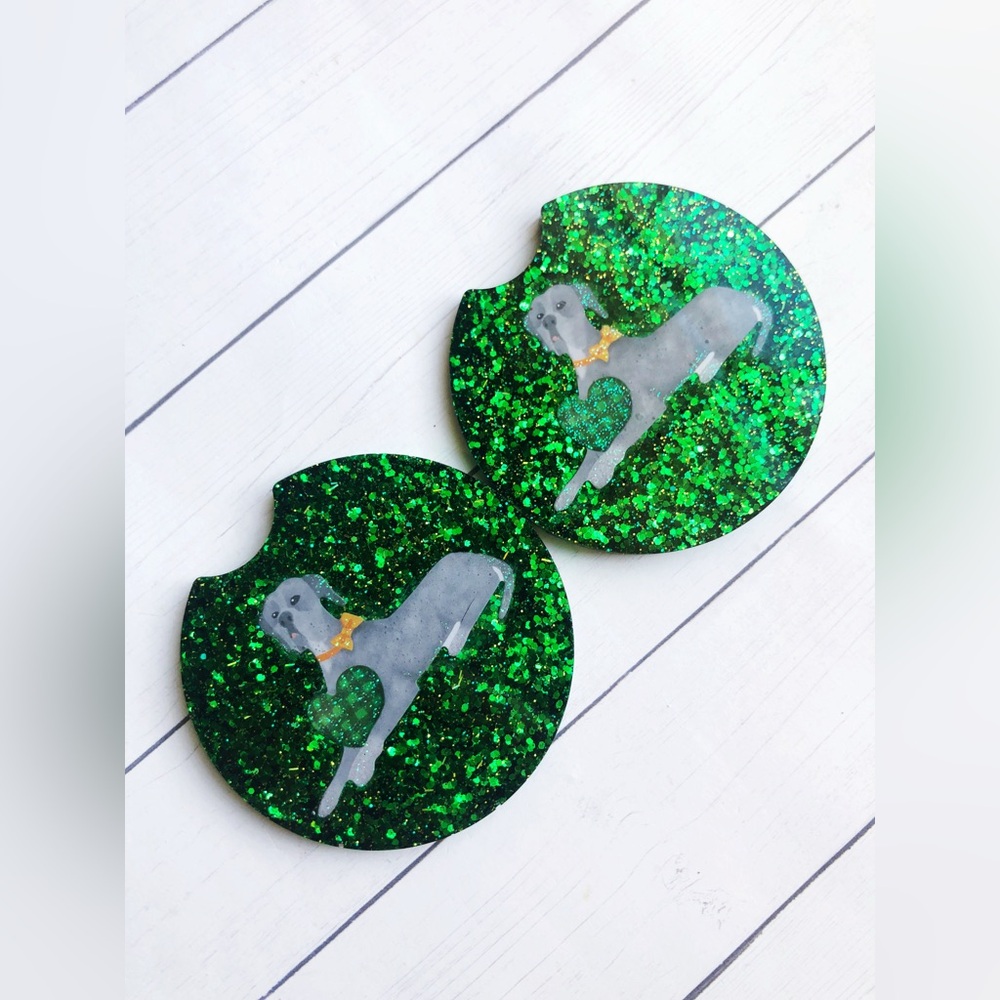 Green Great Dane Glitter Handmade Resin Car Coaster Set
